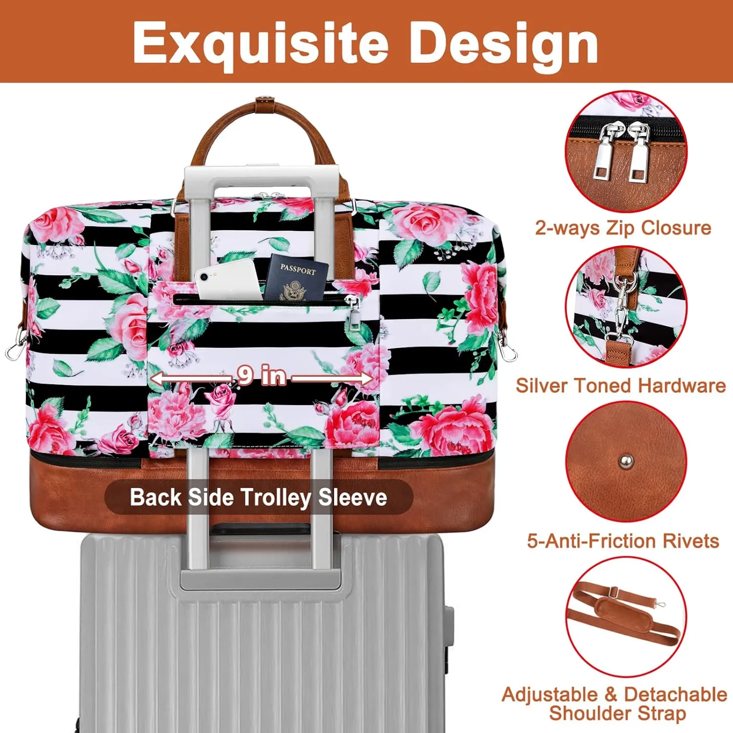 Travel Weekender Bag for Women, Overnight Bag with Shoe Compartment, Oversized Travel Duffel Bag Carry On Tote with Trolley Sleeve 21" for Weekend Travel Business Trip