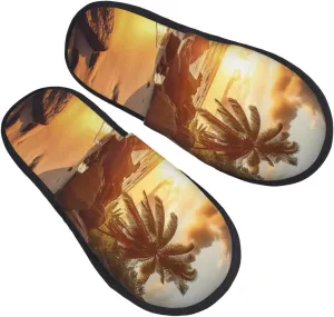 Tropical Beach at Sunset Furry House Slippers for Women Men Soft Fuzzy Slippers Indoor Casual Plush House Shoes