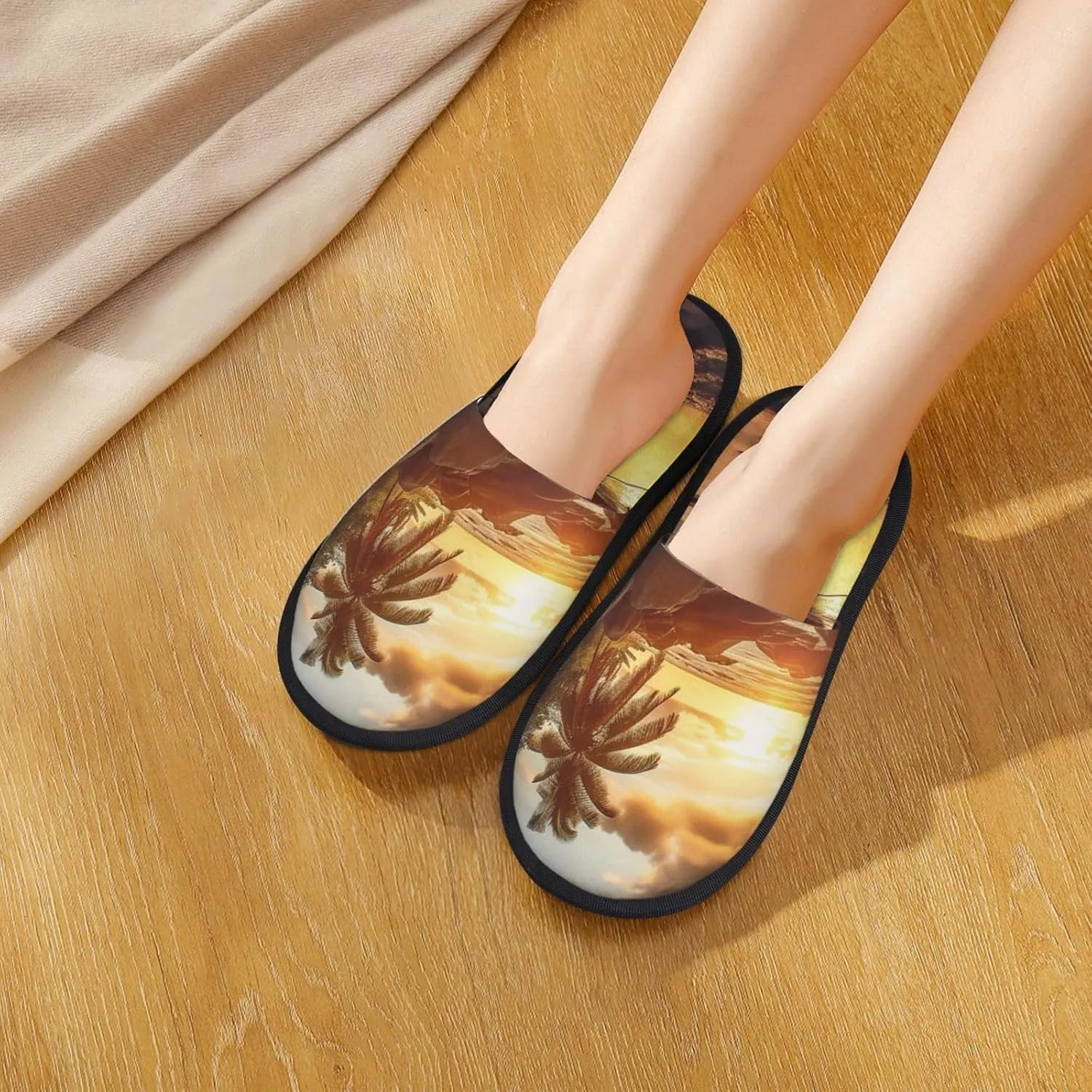 Tropical Beach at Sunset Furry House Slippers for Women Men Soft Fuzzy Slippers Indoor Casual Plush House Shoes