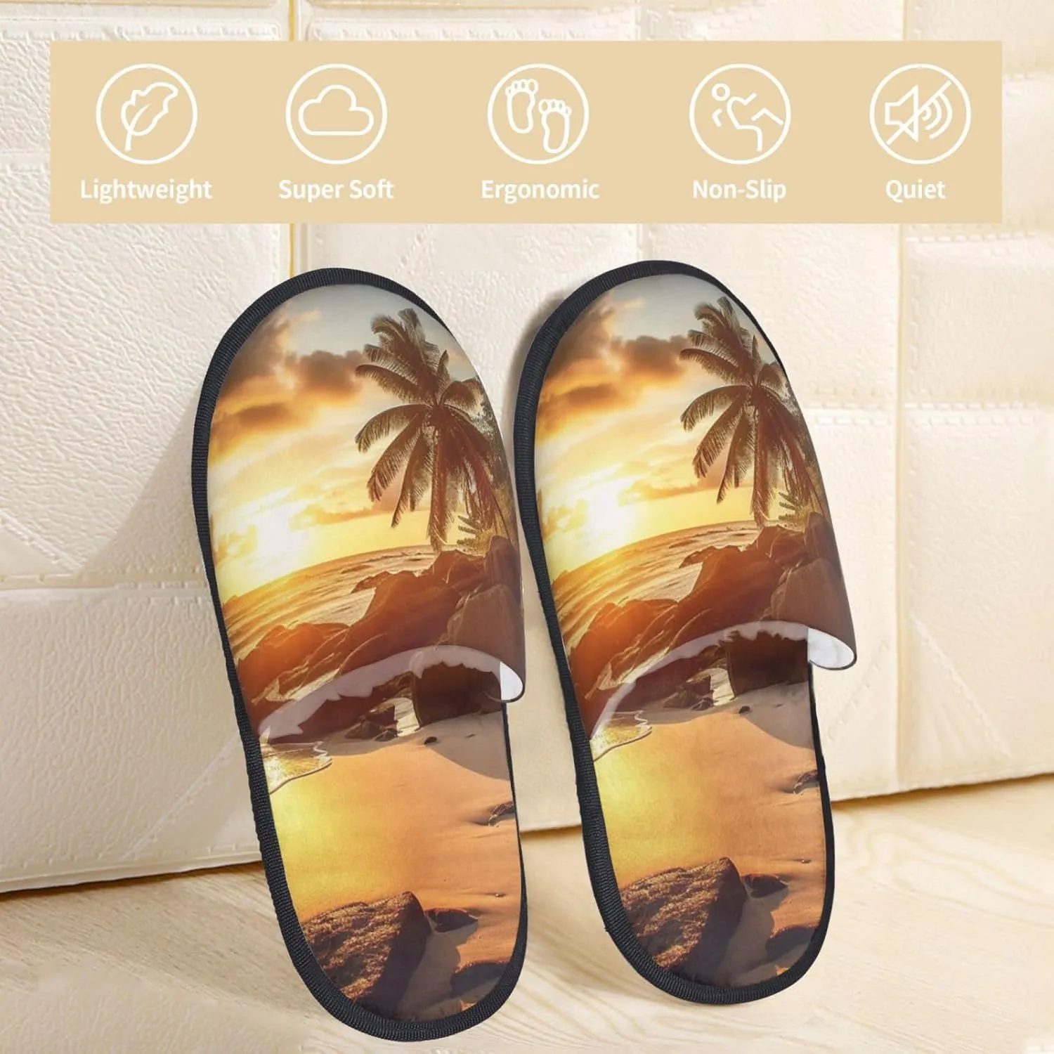 Tropical Beach at Sunset Furry House Slippers for Women Men Soft Fuzzy Slippers Indoor Casual Plush House Shoes