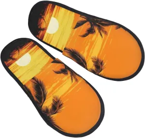 Tropical Palm Trees Scene Sunset Furry House Slippers for Women Men Soft Fuzzy Slippers Indoor Casual Plush House Shoes Medium
