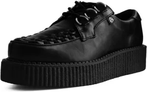 T.U.K. Anarchic Creeper Shoes for Women and Men, Black Faux Leather, Round Toe, Woven Interlace, 3 D-Ring Lace-Up, Twill Lining, Foam Insole, Low Platform, Classic Style, US Women 7 / Men 5