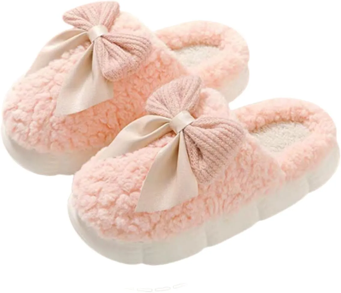 UNICOLD Fuzzy Cute Bow-tie Slippers For Women, Comfy Memory Foam Cloudy Soft Warm Slippers Indoor Outdoor In Winter