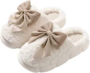 UNICOLD Fuzzy Cute Bow-tie Slippers For Women, Comfy Memory Foam Cloudy Soft Warm Slippers Indoor Outdoor In Winter