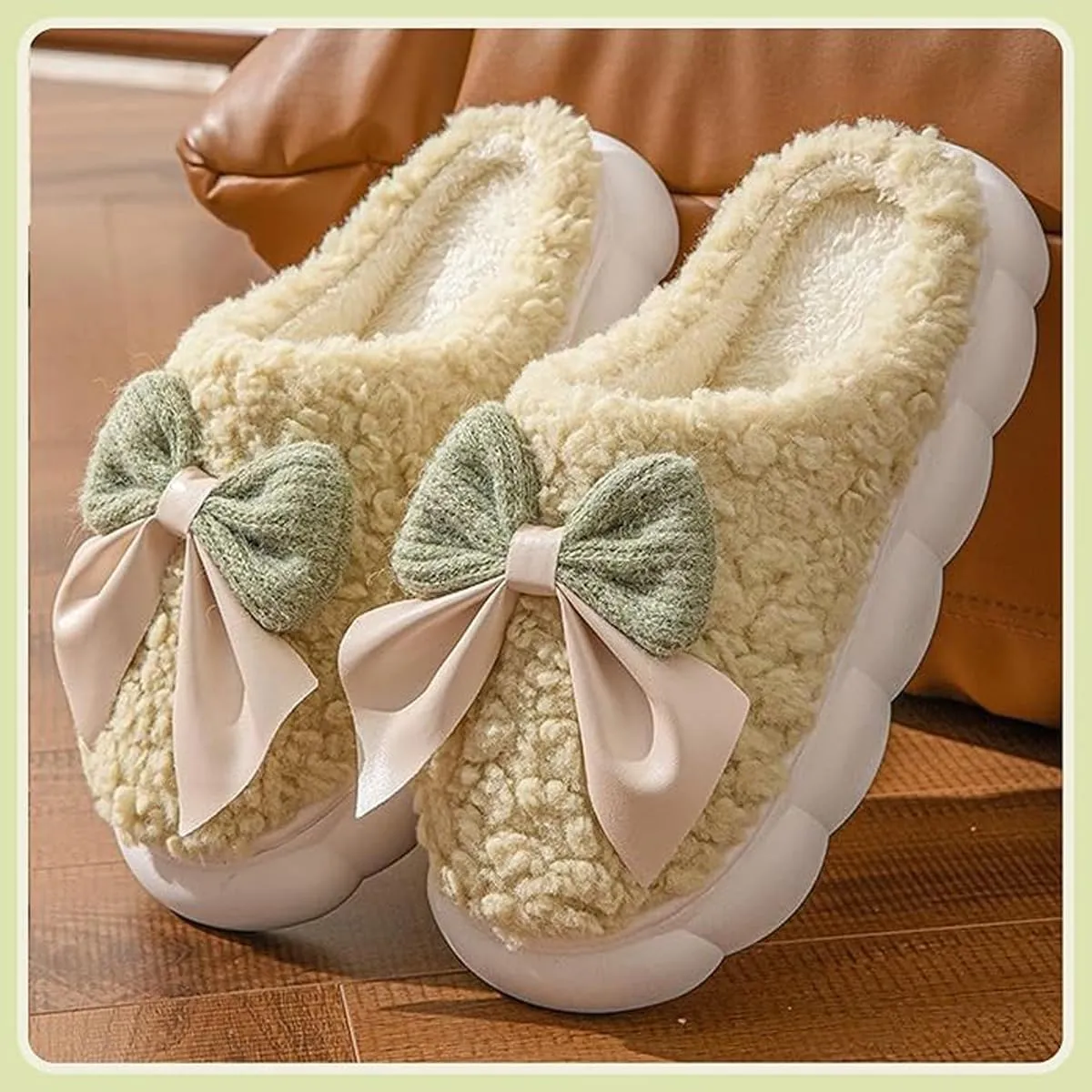 UNICOLD Fuzzy Cute Bow-tie Slippers For Women, Comfy Memory Foam Cloudy Soft Warm Slippers Indoor Outdoor In Winter