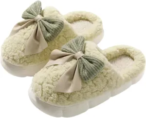 UNICOLD Fuzzy Cute Bow-tie Slippers For Women, Comfy Memory Foam Cloudy Soft Warm Slippers Indoor Outdoor In Winter