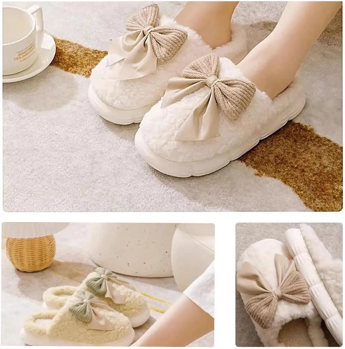 UNICOLD Fuzzy Cute Bow-tie Slippers For Women, Comfy Memory Foam Cloudy Soft Warm Slippers Indoor Outdoor In Winter
