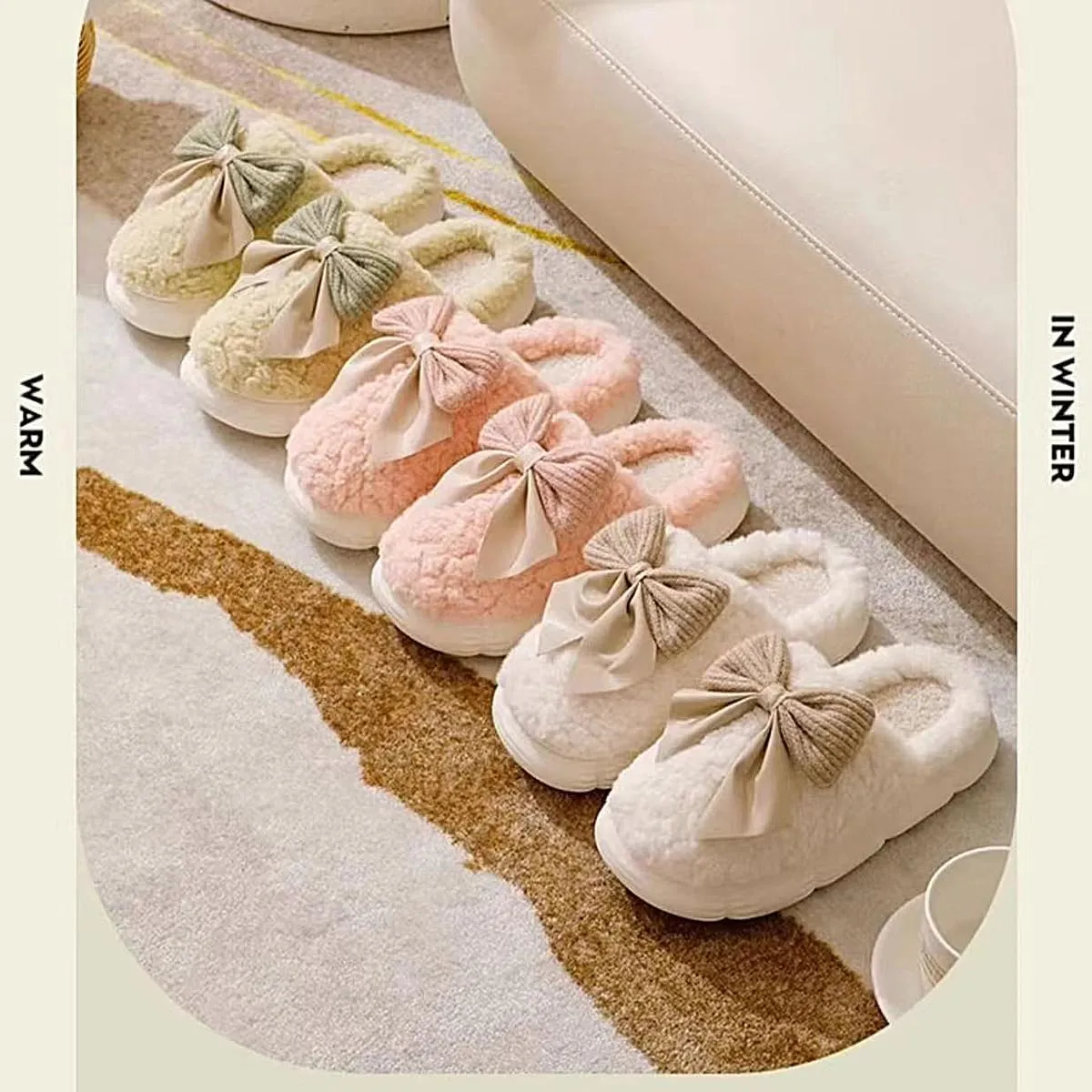 UNICOLD Fuzzy Cute Bow-tie Slippers For Women, Comfy Memory Foam Cloudy Soft Warm Slippers Indoor Outdoor In Winter