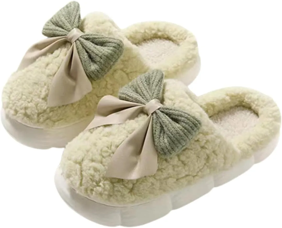 UNICOLD Fuzzy Cute Bow-tie Slippers For Women, Comfy Memory Foam Cloudy Soft Warm Slippers Indoor Outdoor In Winter