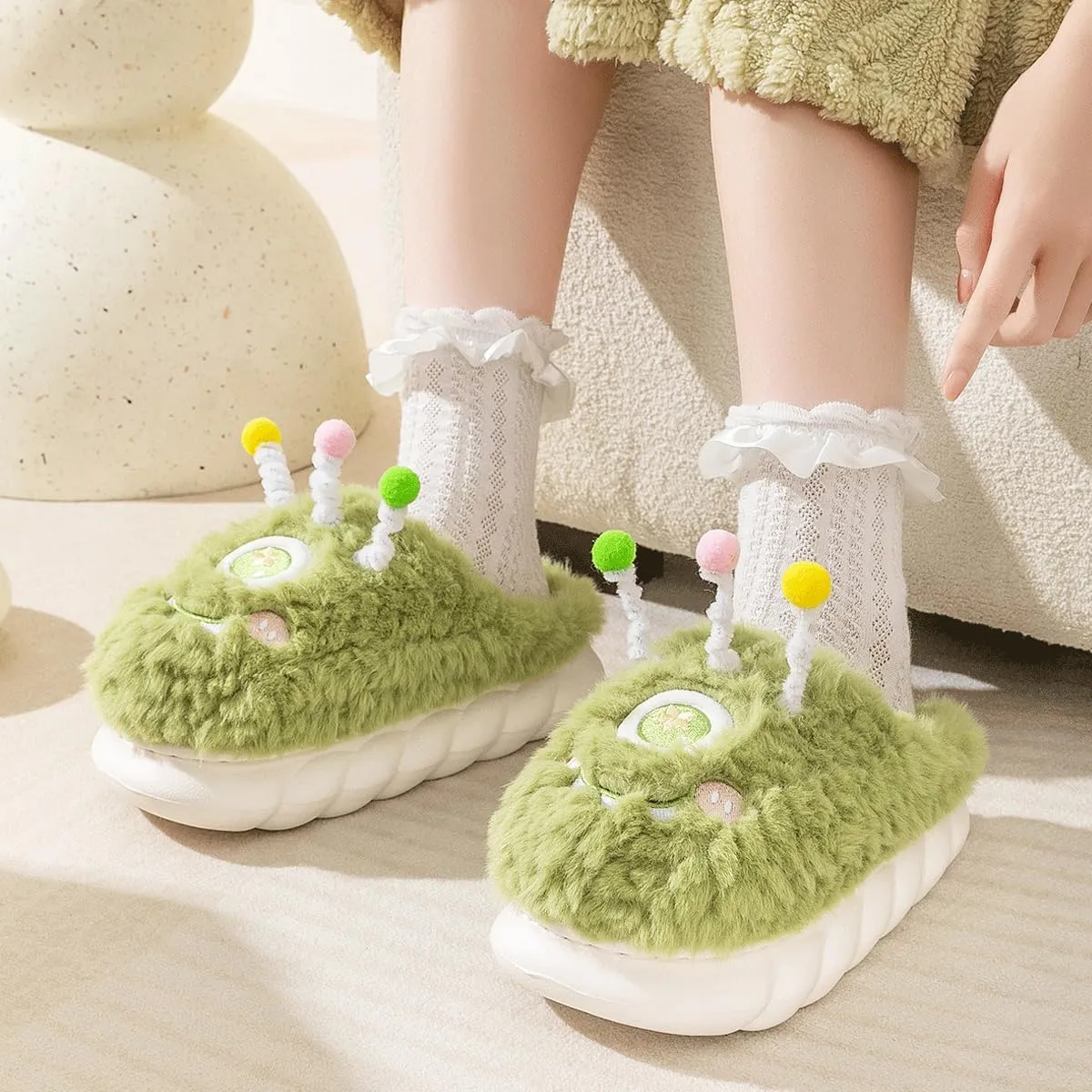 UNICOLD Fuzzy Fluffy Cartoon House Slippers For Women, Comfy Memory Foam Cloudy Anti-slip Soft Sole Quiet Warm Slippers Indoor Outdoor In Winter
