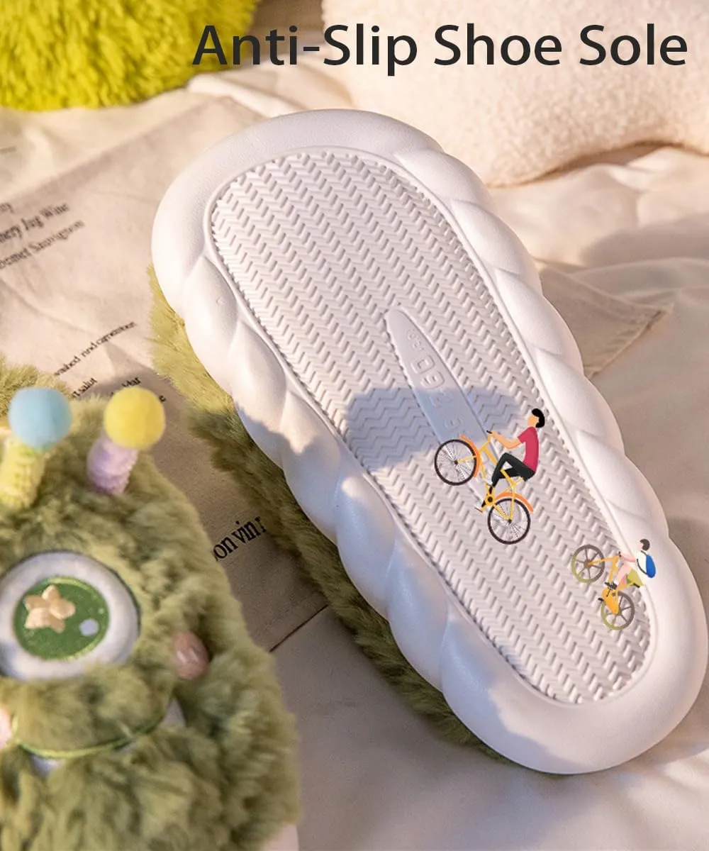 UNICOLD Fuzzy Fluffy Cartoon House Slippers For Women, Comfy Memory Foam Cloudy Anti-slip Soft Sole Quiet Warm Slippers Indoor Outdoor In Winter