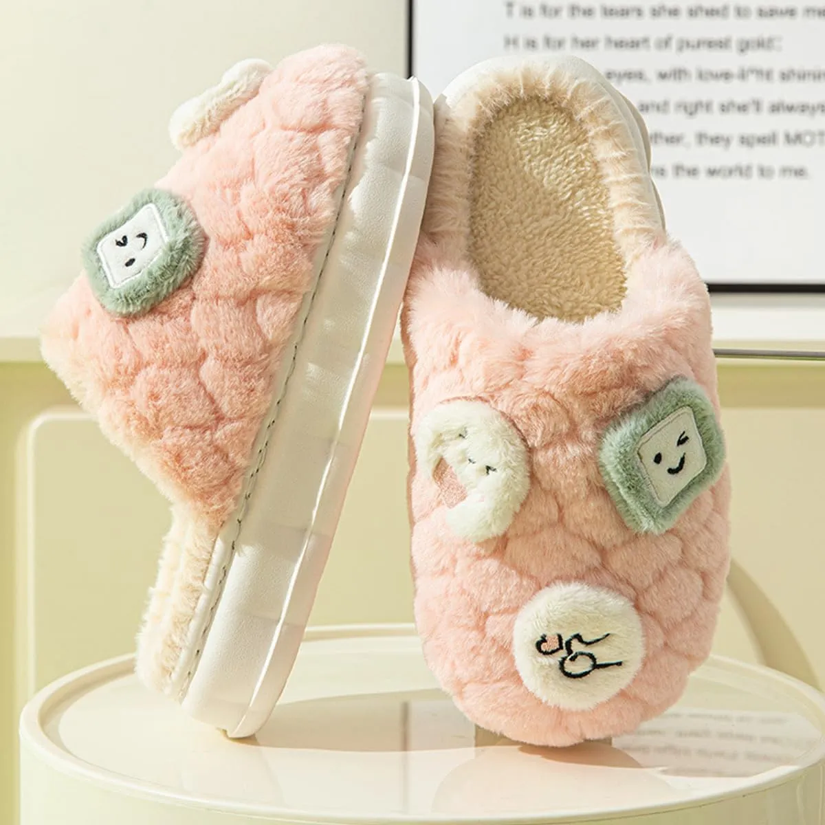 UNICOLD Fuzzy Fluffy Smile Face House Slippers For Women, Comfy Memory Foam Cloudy Anti-slip Soft Sole Warm Slippers Indoor Outdoor In Winter