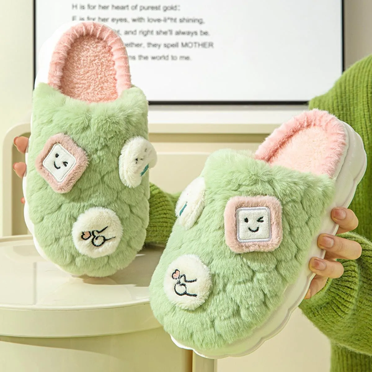 UNICOLD Fuzzy Fluffy Smile Face House Slippers For Women, Comfy Memory Foam Cloudy Anti-slip Soft Sole Warm Slippers Indoor Outdoor In Winter