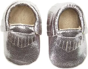 Unisex-Child Metallic Gunmetal Fringe Leather Moccasin Bootie
