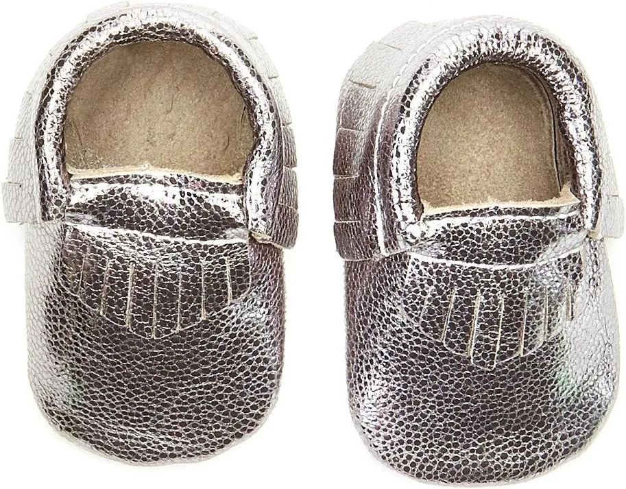 Unisex-Child Metallic Gunmetal Fringe Leather Moccasin Bootie