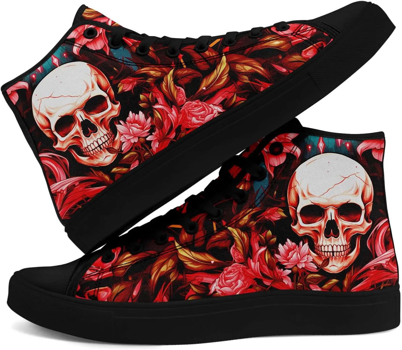 Unisex Skull High Tops for Women Cool Design Black Canvas Shoes Classic Lace Up Fashion Sneakers Streetwear