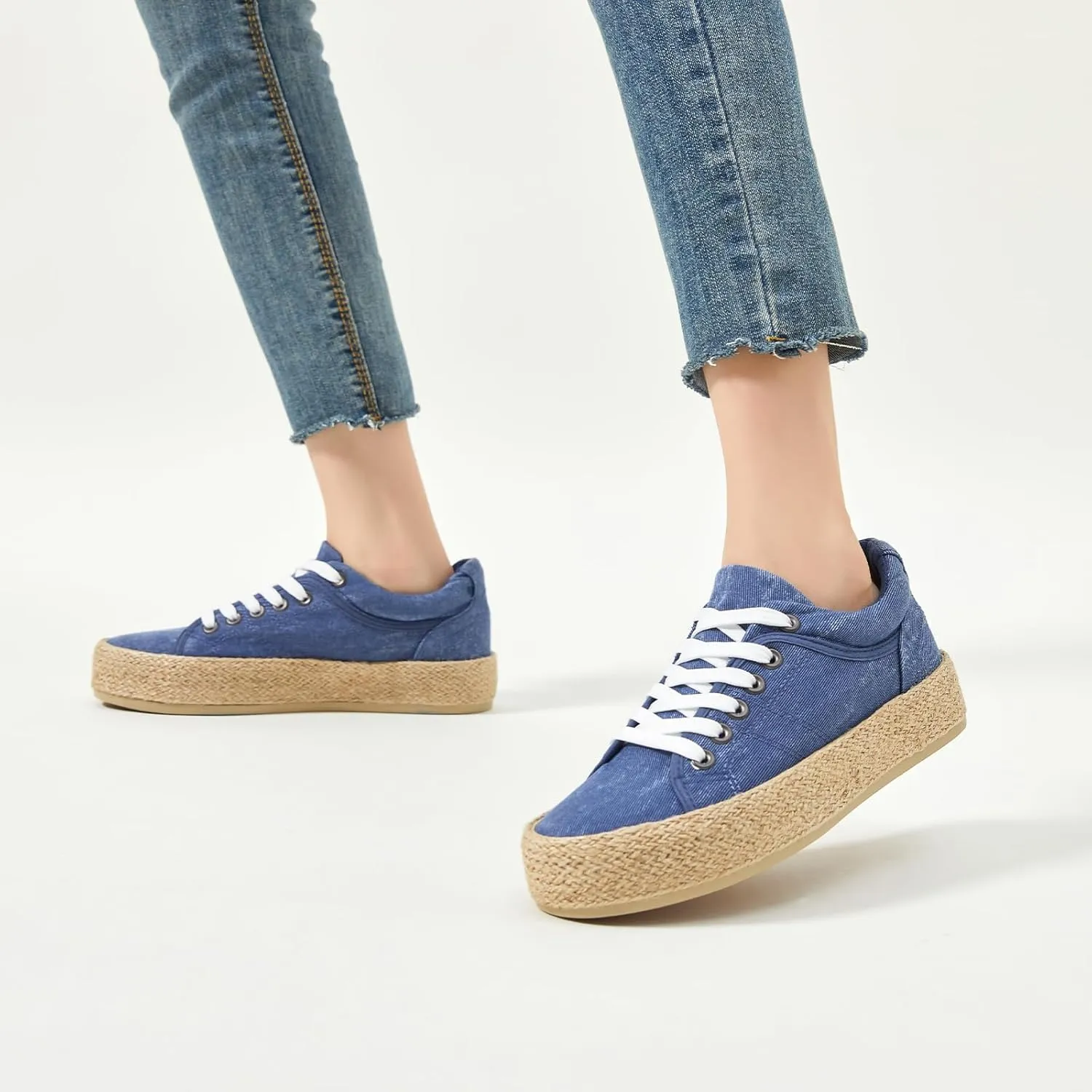 Uoidru Canvas Shoes for Women Platform Sneakers Soft Washed Demin Canvas Sneakers Lace Up Canvas Platform Shoes Low Top Womens Fashion Sneakers