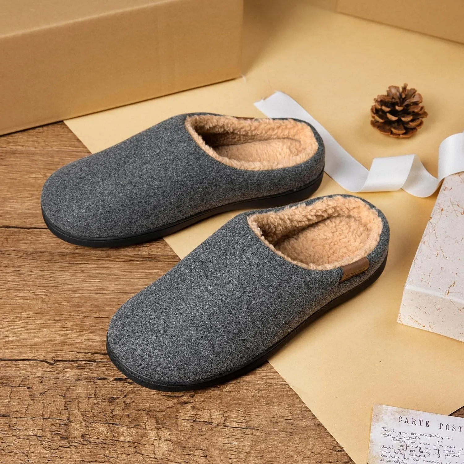 VeraCosy Men's Wool Felt Slippers Warm Fuzzy Faux Sherpa Slip-on Memory Foam Indoor House Slippers