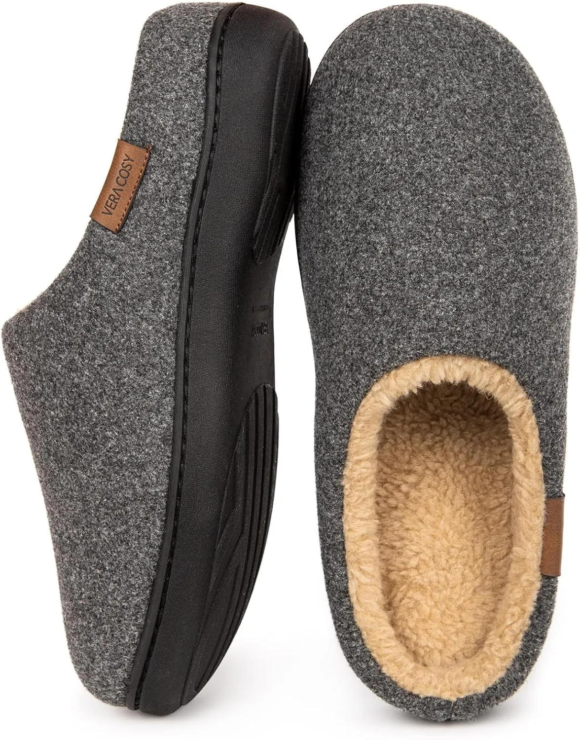 VeraCosy Men's Wool Felt Slippers Warm Fuzzy Faux Sherpa Slip-on Memory Foam Indoor House Slippers