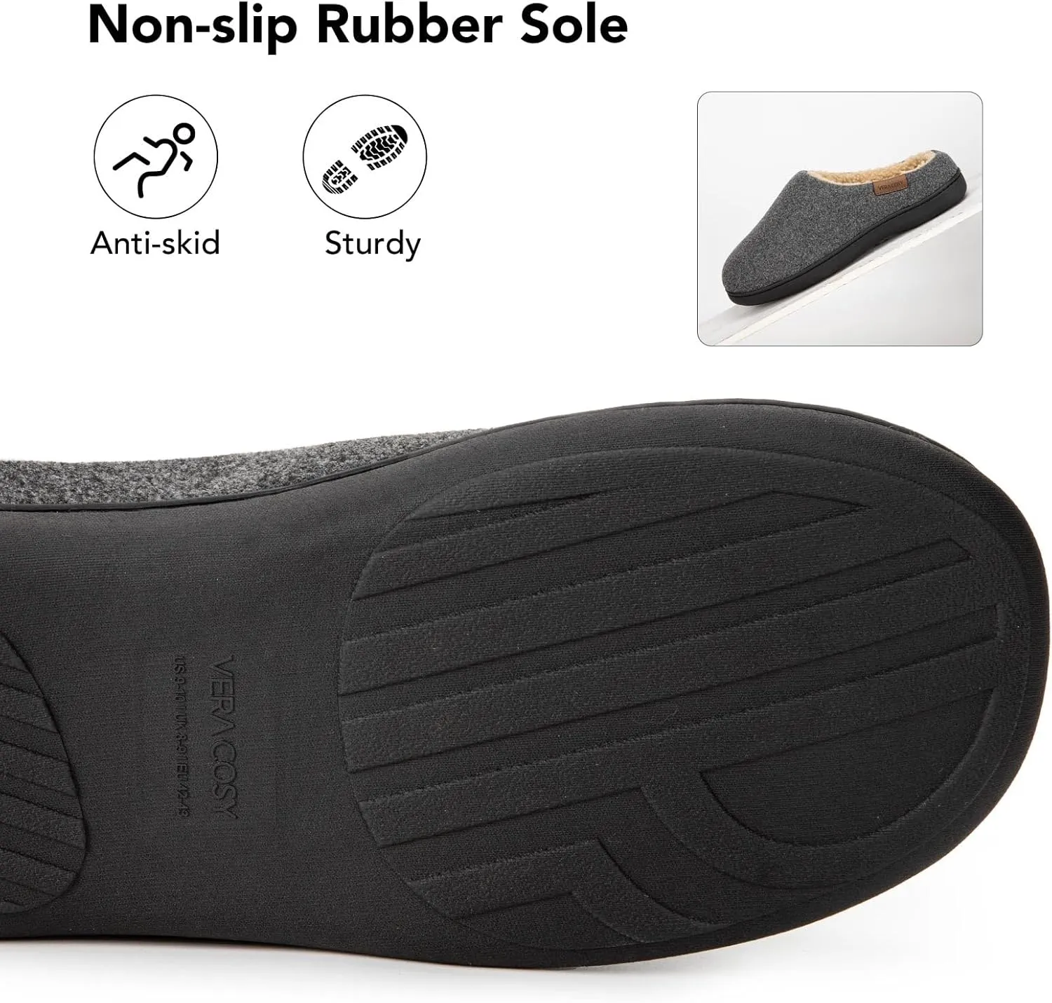 VeraCosy Men's Wool Felt Slippers Warm Fuzzy Faux Sherpa Slip-on Memory Foam Indoor House Slippers