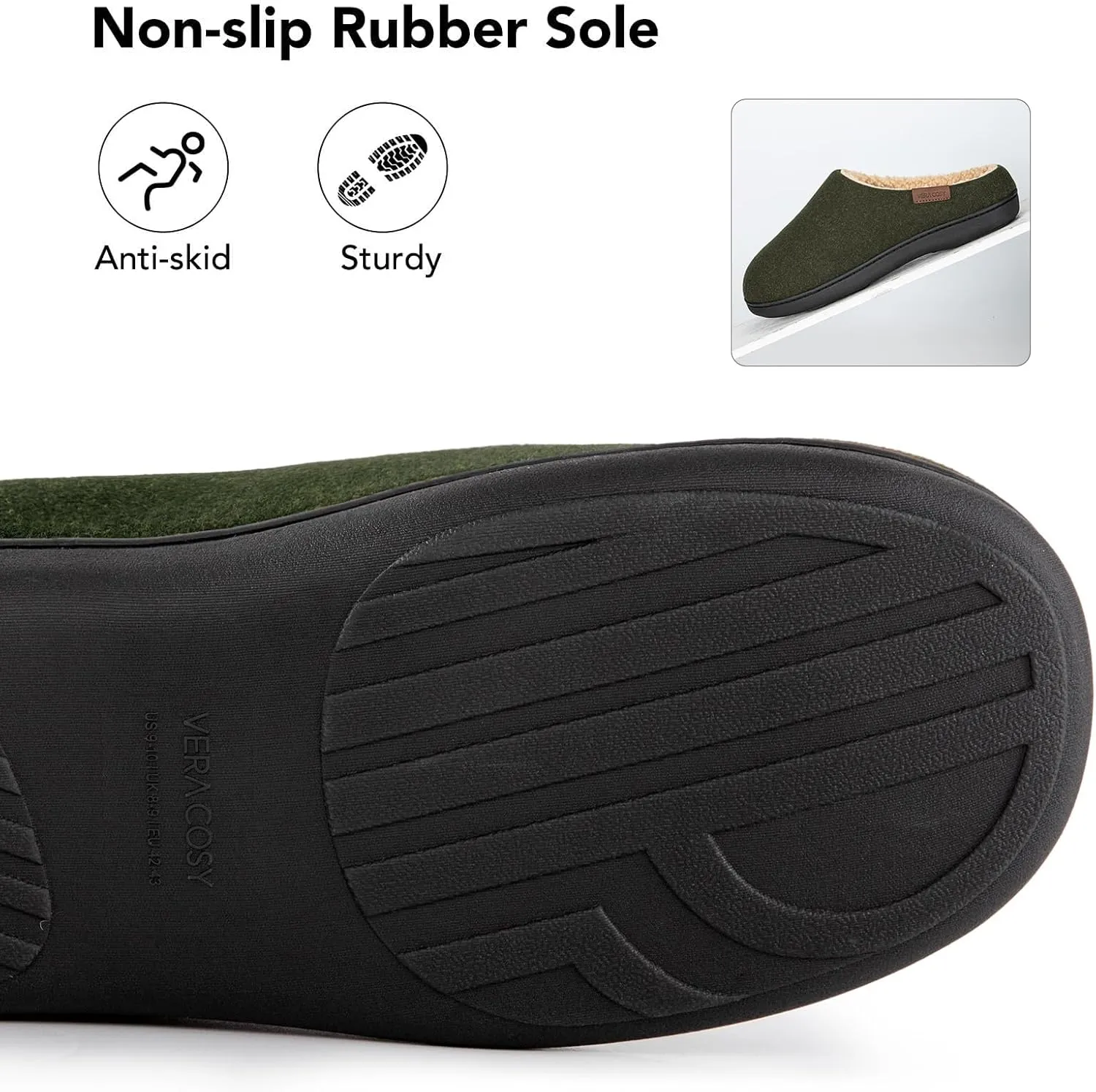 VeraCosy Men's Wool Felt Slippers Warm Fuzzy Faux Sherpa Slip-on Memory Foam Indoor House Slippers