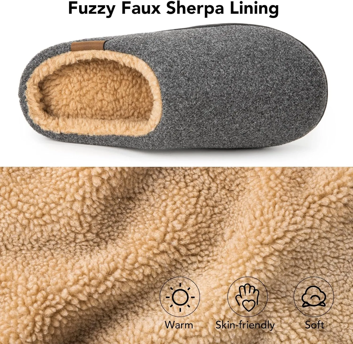 VeraCosy Men's Wool Felt Slippers Warm Fuzzy Faux Sherpa Slip-on Memory Foam Indoor House Slippers