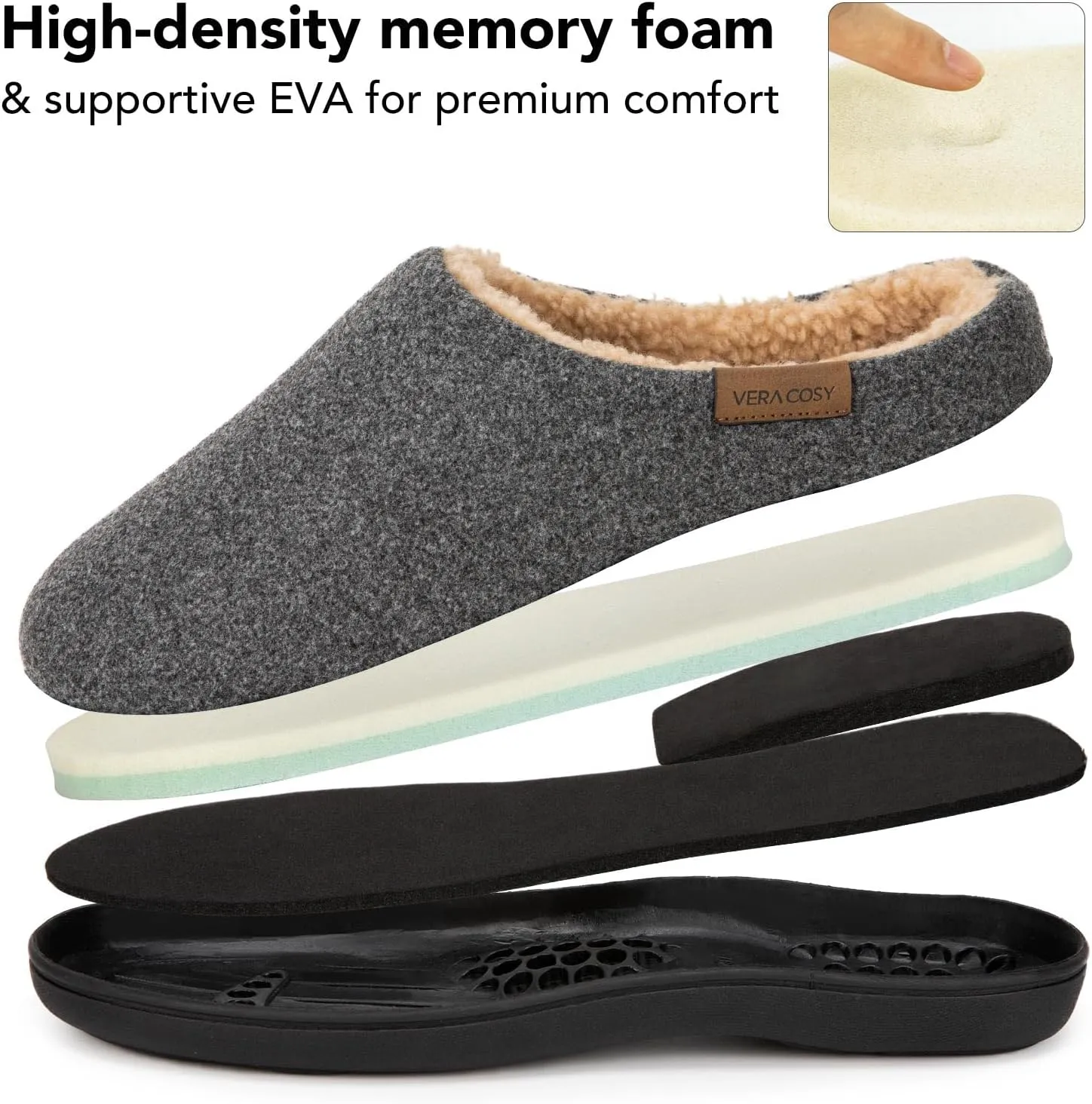 VeraCosy Men's Wool Felt Slippers Warm Fuzzy Faux Sherpa Slip-on Memory Foam Indoor House Slippers