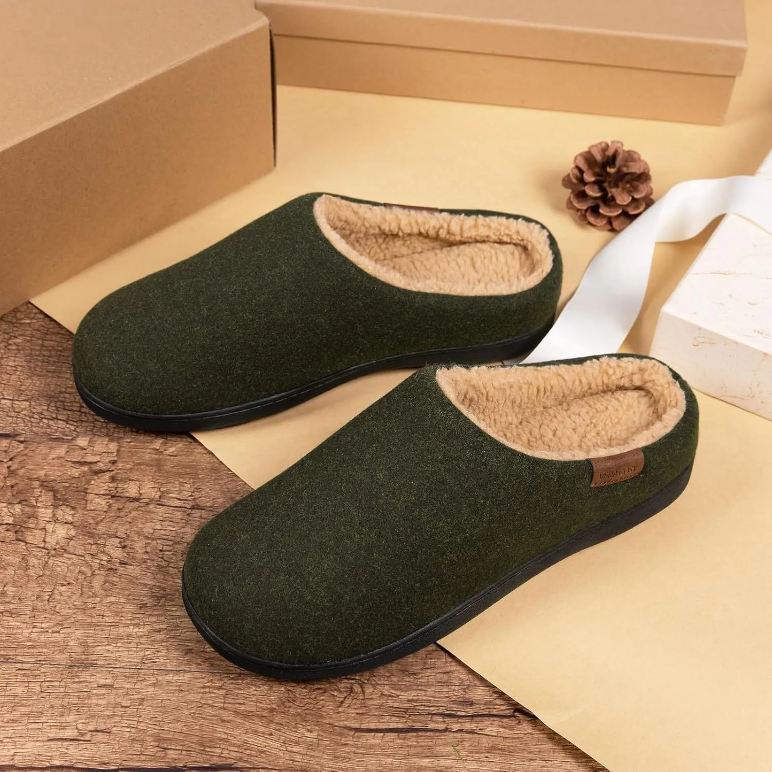 VeraCosy Men's Wool Felt Slippers Warm Fuzzy Faux Sherpa Slip-on Memory Foam Indoor House Slippers