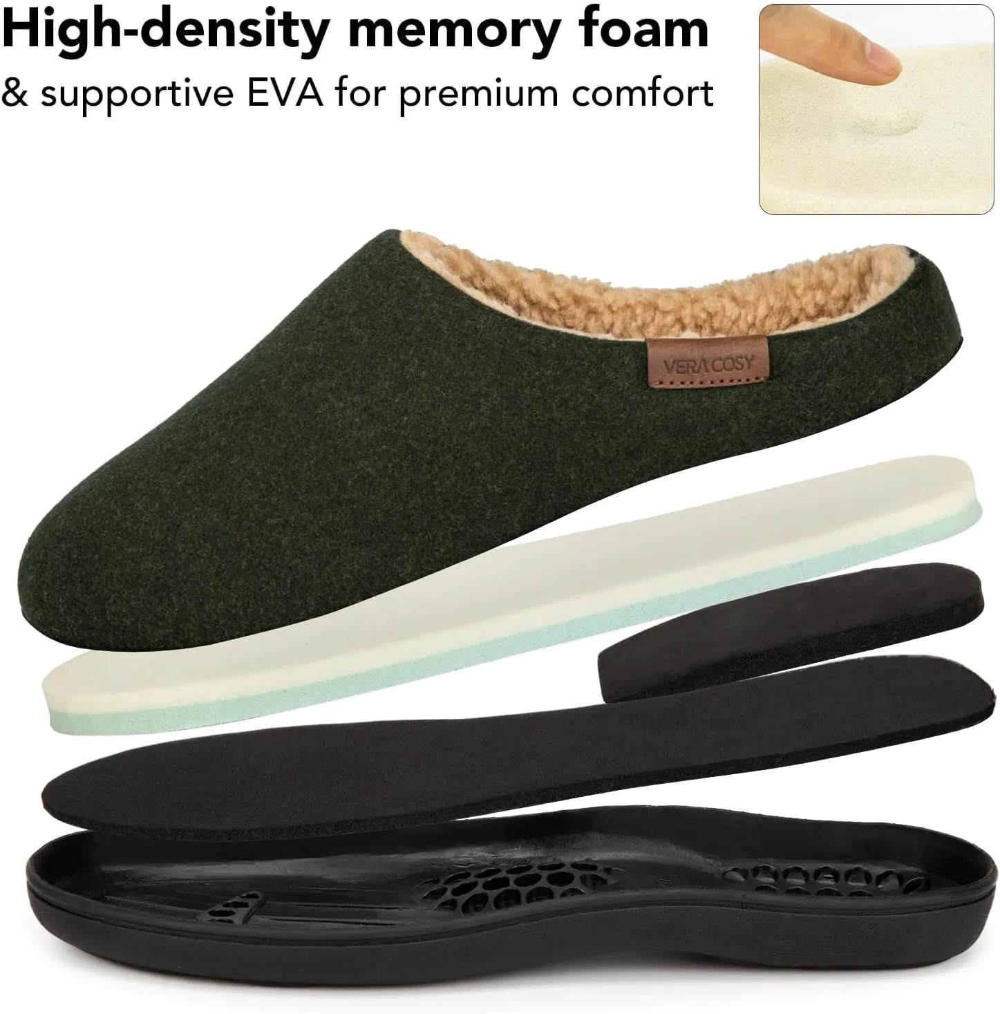 VeraCosy Men's Wool Felt Slippers Warm Fuzzy Faux Sherpa Slip-on Memory Foam Indoor House Slippers