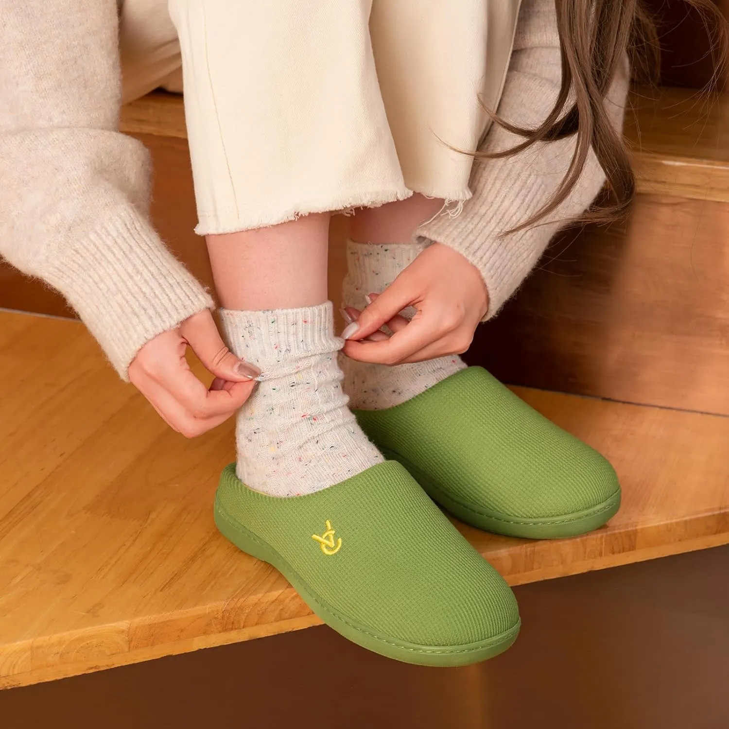 VeraCosy Women's Two-Tone Slippers Soft Comfy Knit Memory Foam Non-slip Indoor House Shoes