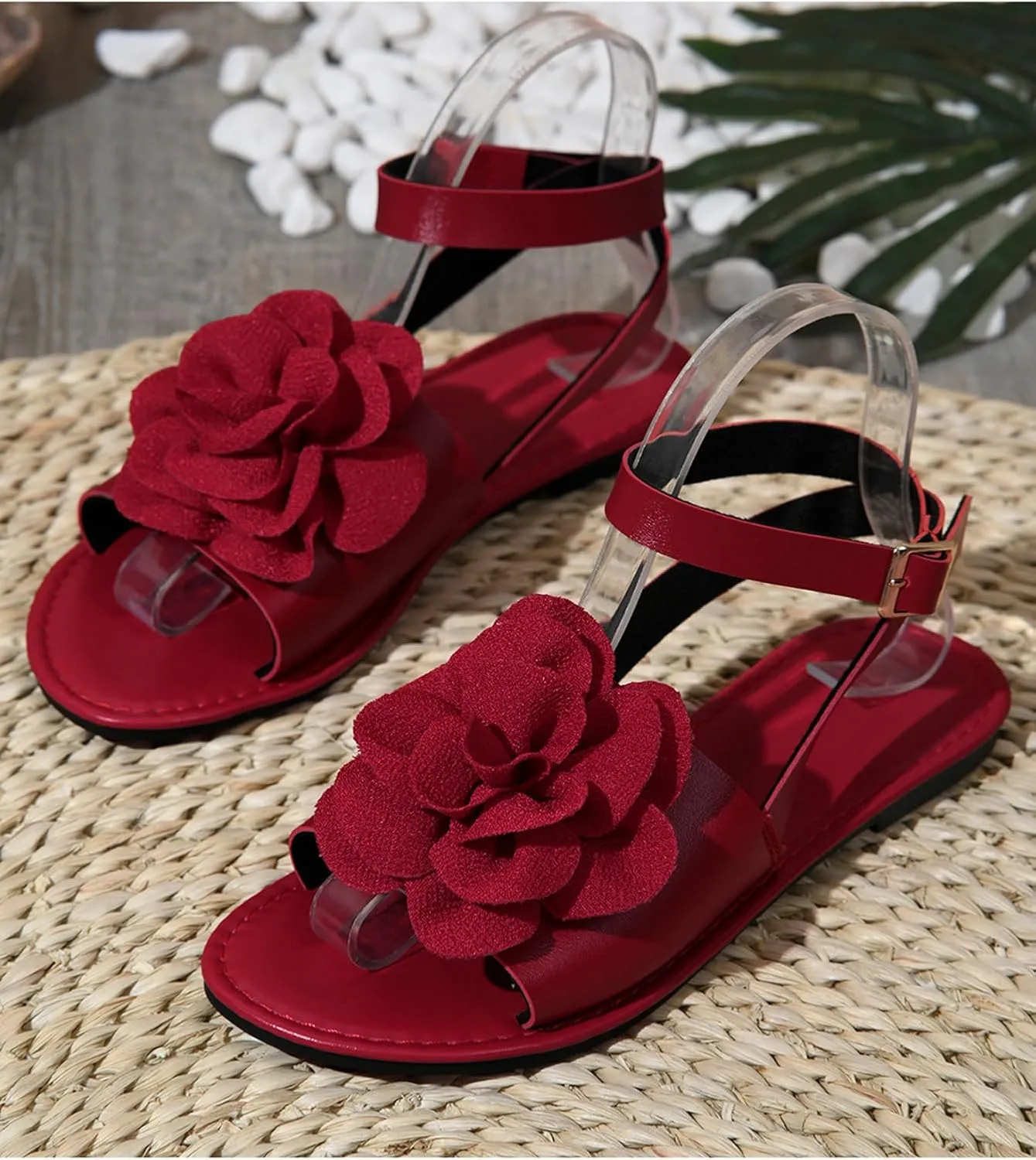 Verdusa Women's 3D Flower Sandals Open Toe Ankle Strap Vacation Flat Sandals