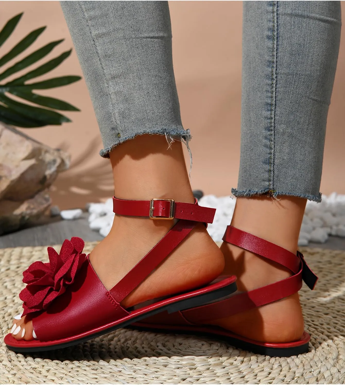 Verdusa Women's 3D Flower Sandals Open Toe Ankle Strap Vacation Flat Sandals