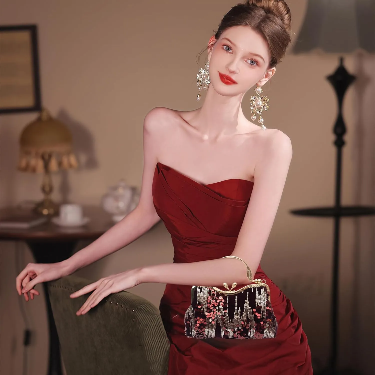 Vintage 1920s Evening Bag for Women Velvet Clutch Bag Sparkly Sequin Handbag Bridal Wedding Purse