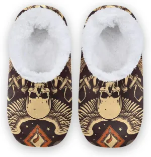 Vintage Motorcycle Symbols Skull Fuzzy Memory Foam Closed Back Slippers for Women Men Knit Fleece Lined House Shoes with Anti-Skid Sole Sock Slippers for Outdoor Bedroom Hotel Indoor