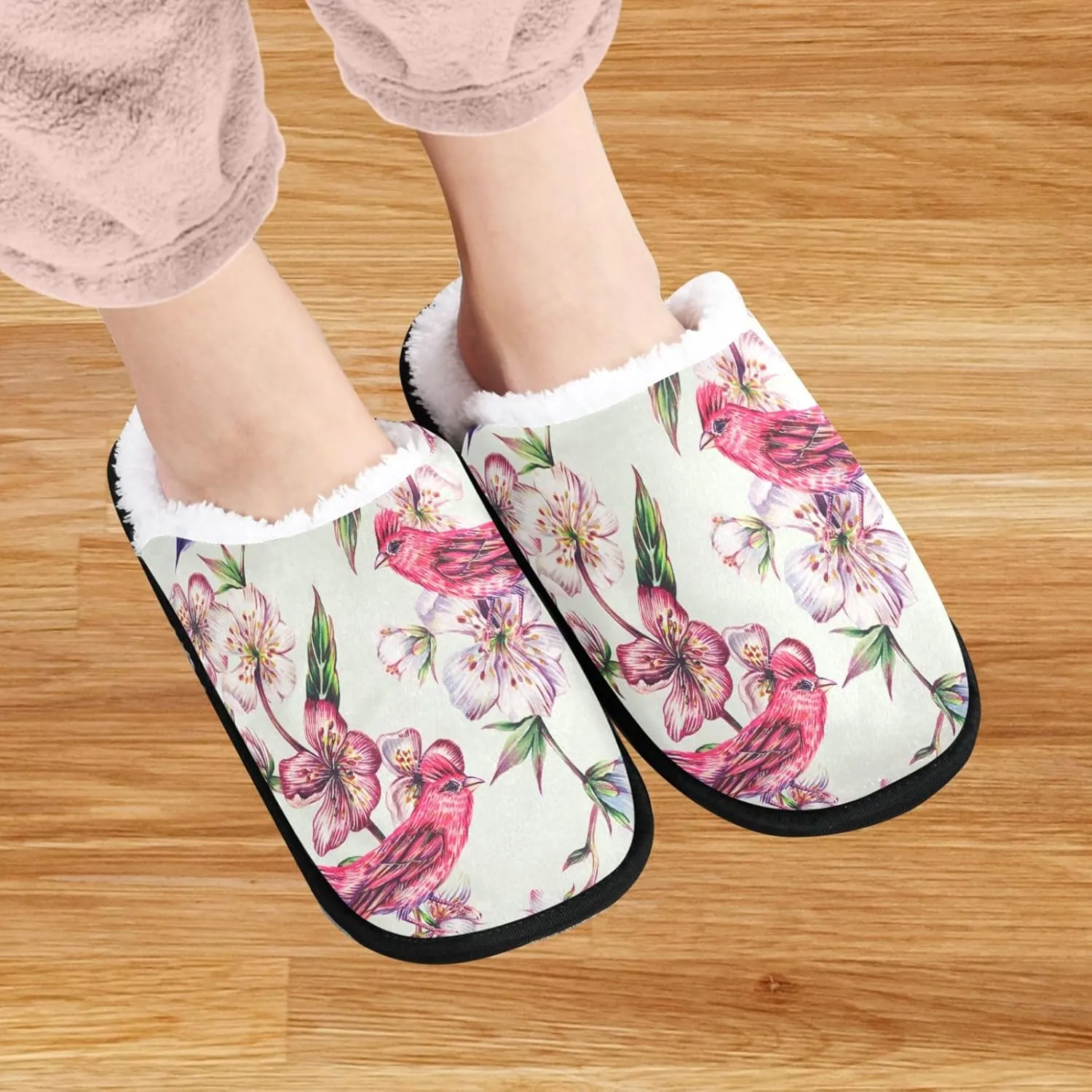 visesunny Blooming Flower Branch Of Cherry Peach Cozy Fuzzy Mens Womens Memory Foam House Slippers Plush Fleece
