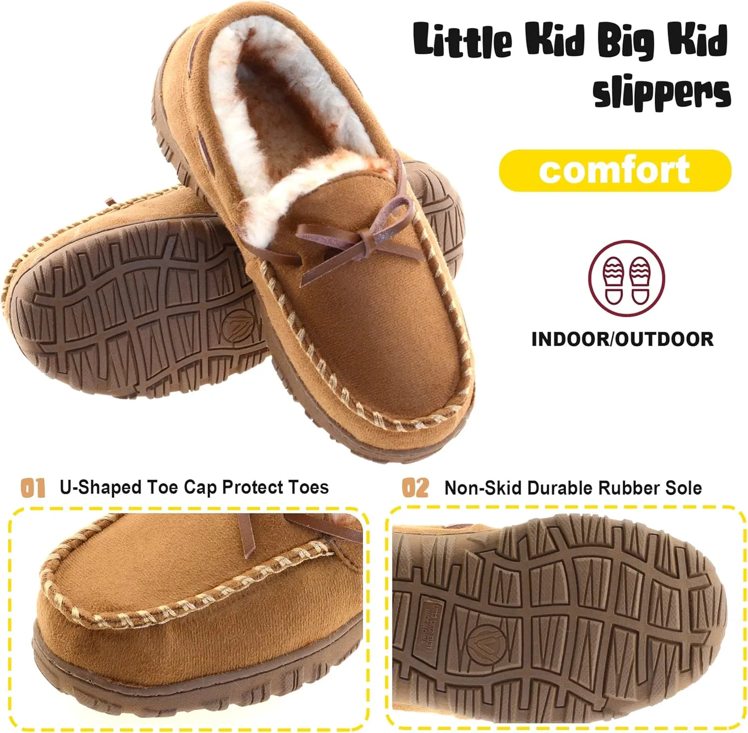Vonair Kids Moccasin Slippers Memory Foam House Shoes Indoor Outdoor Rubber Bottom Slippers for Boys Girls