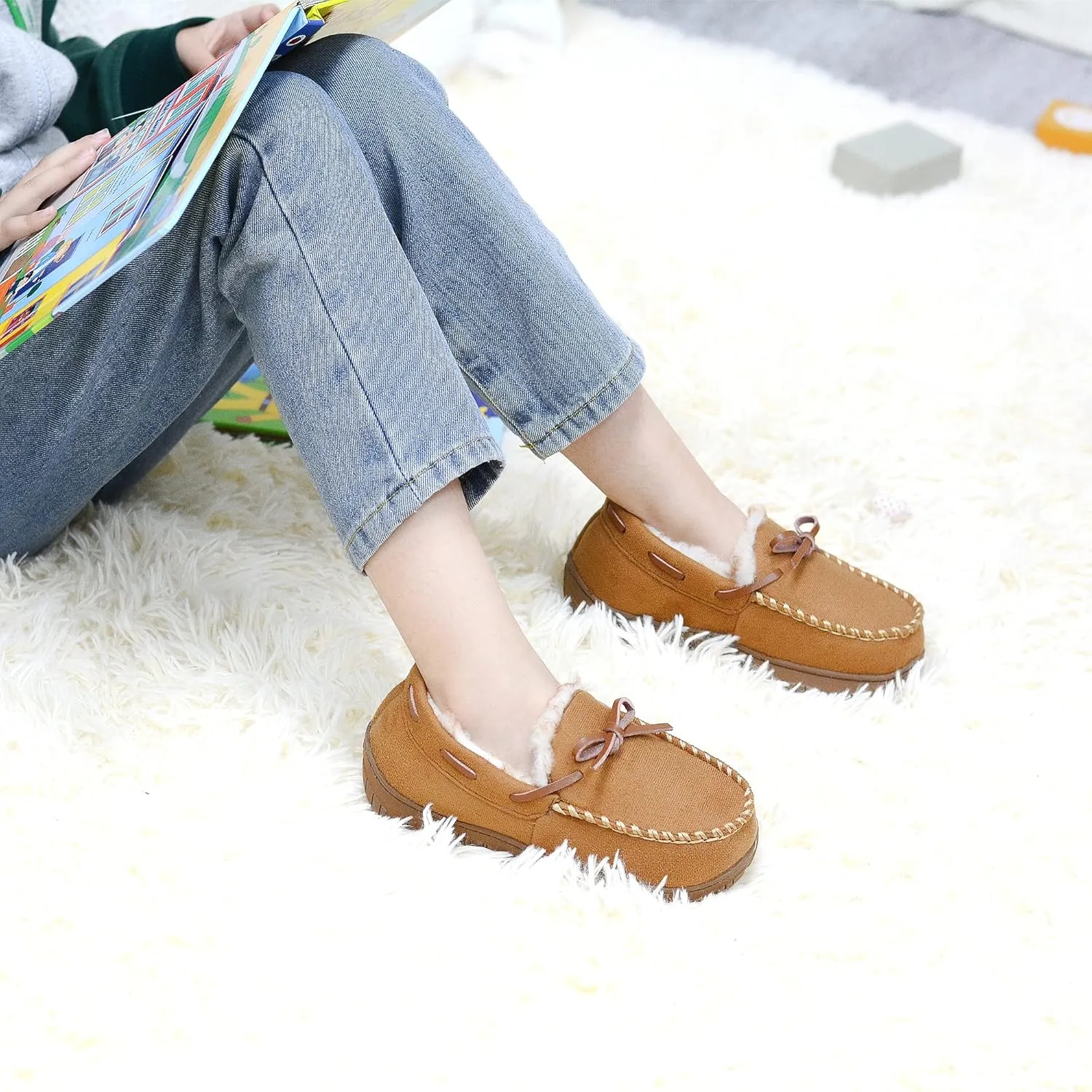 Vonair Kids Moccasin Slippers Memory Foam House Shoes Indoor Outdoor Rubber Bottom Slippers for Boys Girls