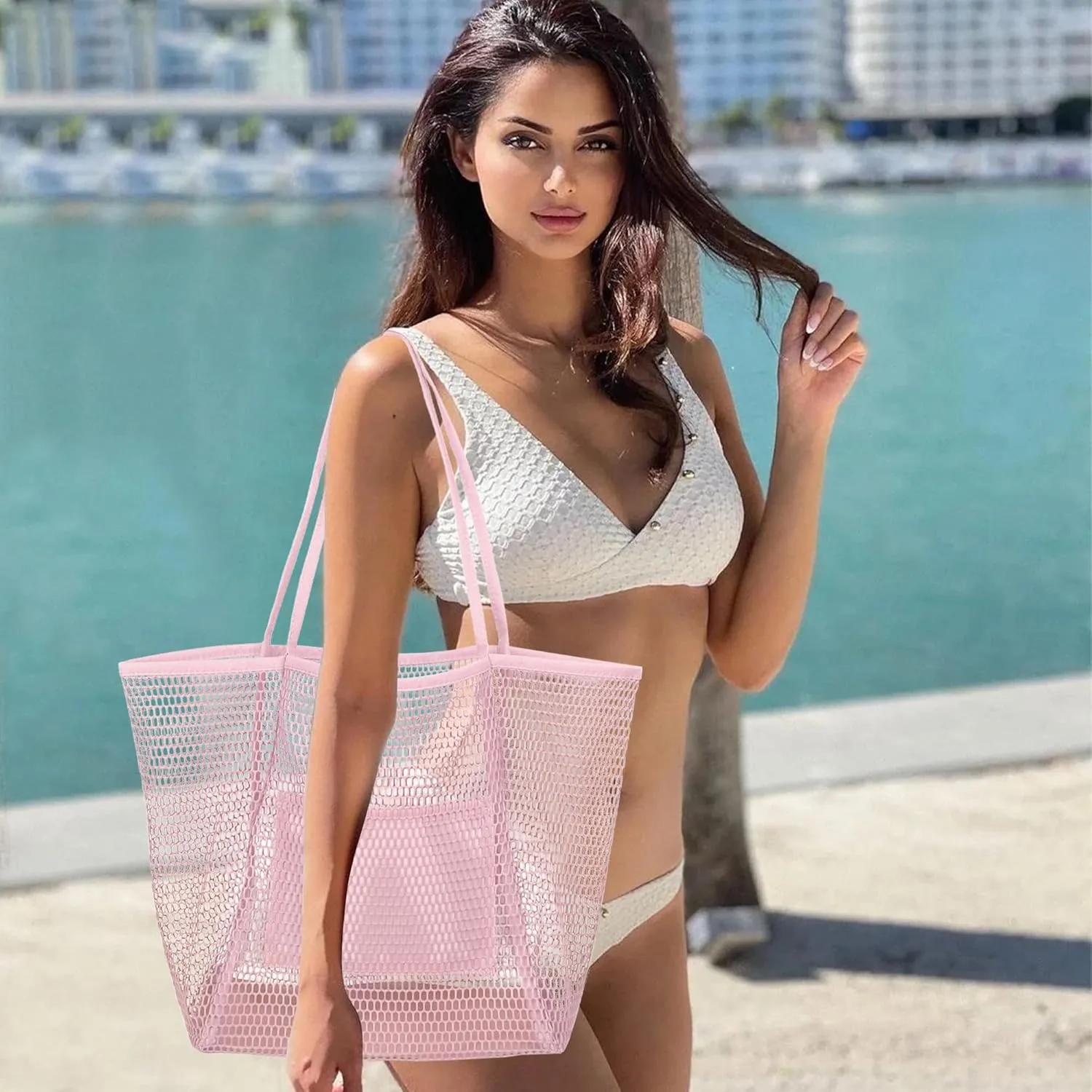 VOROLO Mesh Tote Beach Bag,Women Fairycore Hobo Bag,Shoulder Bag,Soft Summer Casual Crochet Bags