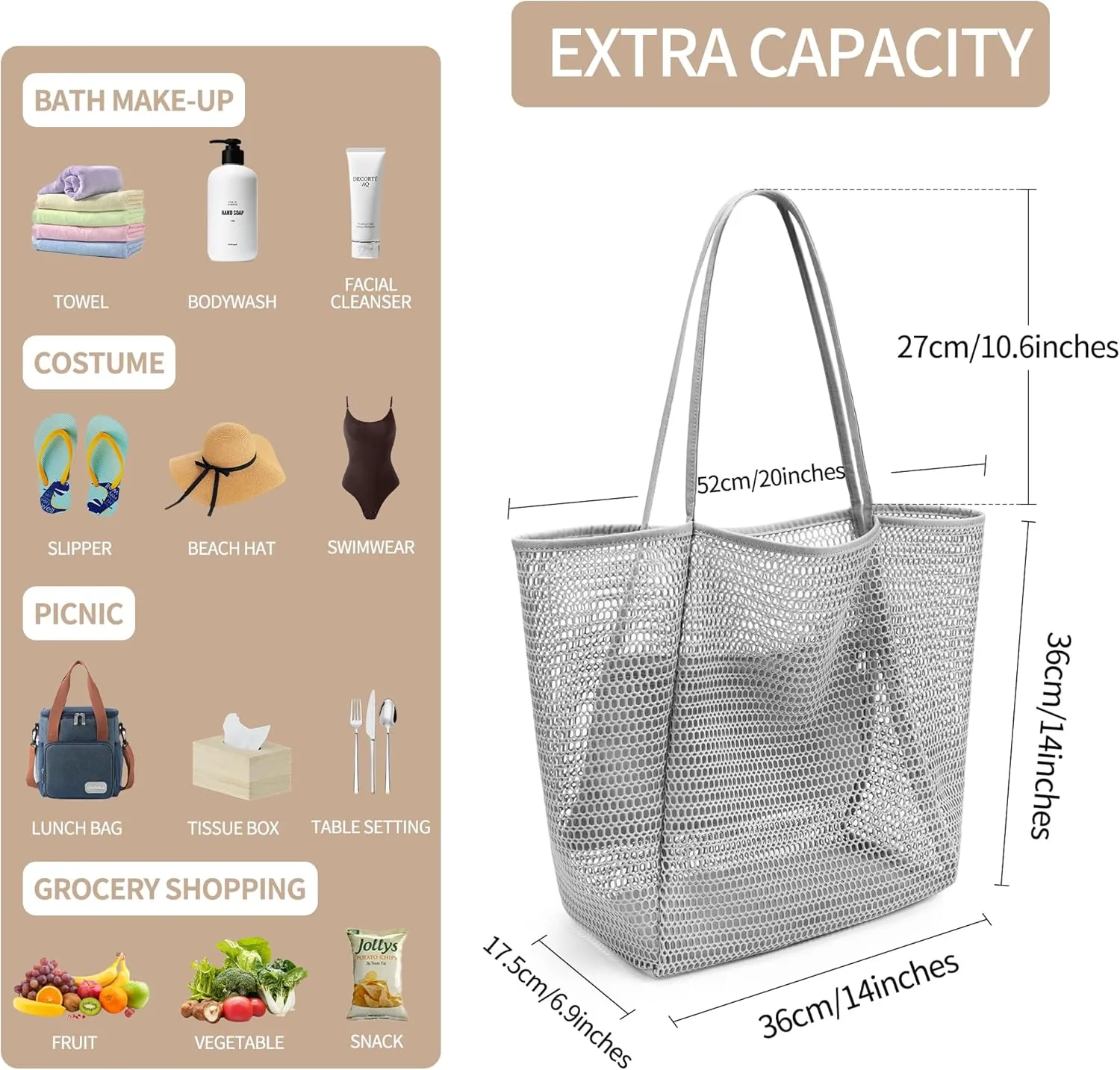 VOROLO Mesh Tote Beach Bag,Women Fairycore Hobo Bag,Shoulder Bag,Soft Summer Casual Crochet Bags