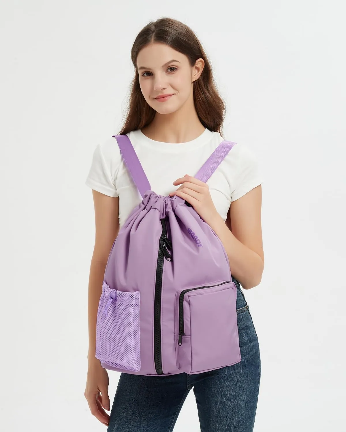 WANDF Drawstring Backpack Sports Gym Bag with Shoes Compartment, Water-Resistant String Beach Sackpack Swim Bag for Women and Men (Lilac Purple)