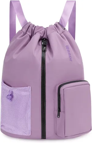 WANDF Drawstring Backpack Sports Gym Bag with Shoes Compartment, Water-Resistant String Beach Sackpack Swim Bag for Women and Men (Lilac Purple)