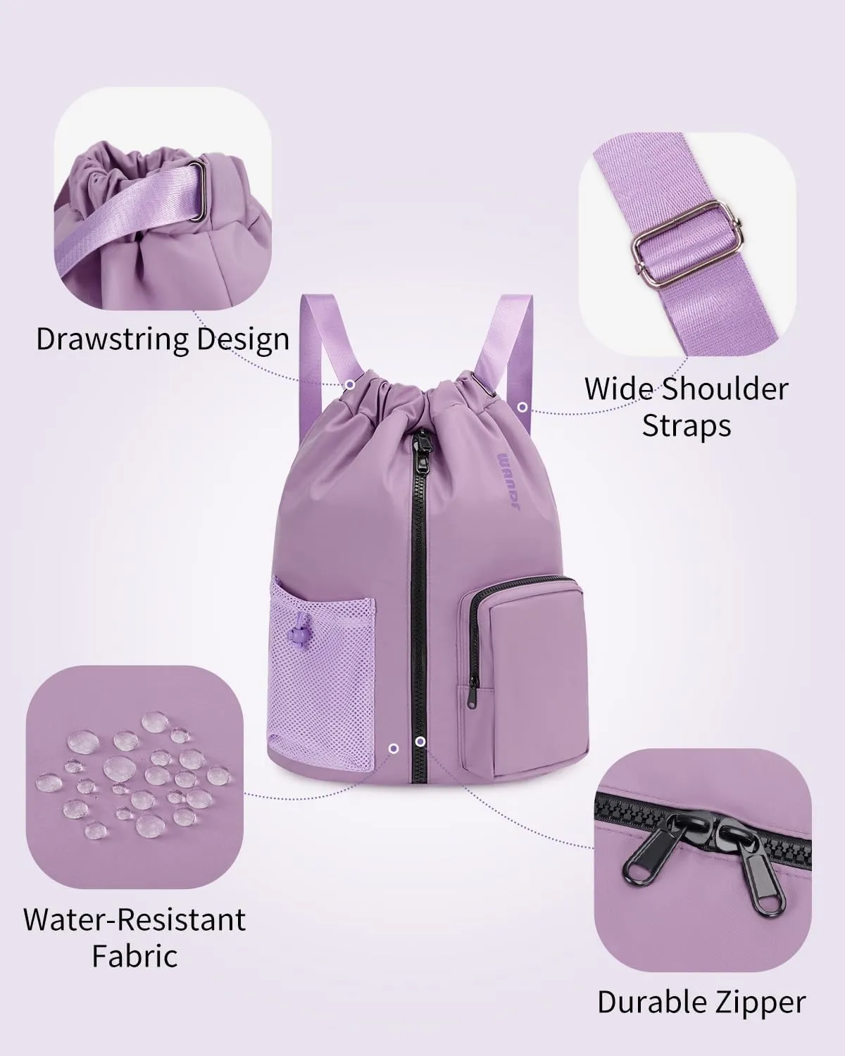 WANDF Drawstring Backpack Sports Gym Bag with Shoes Compartment, Water-Resistant String Beach Sackpack Swim Bag for Women and Men (Lilac Purple)