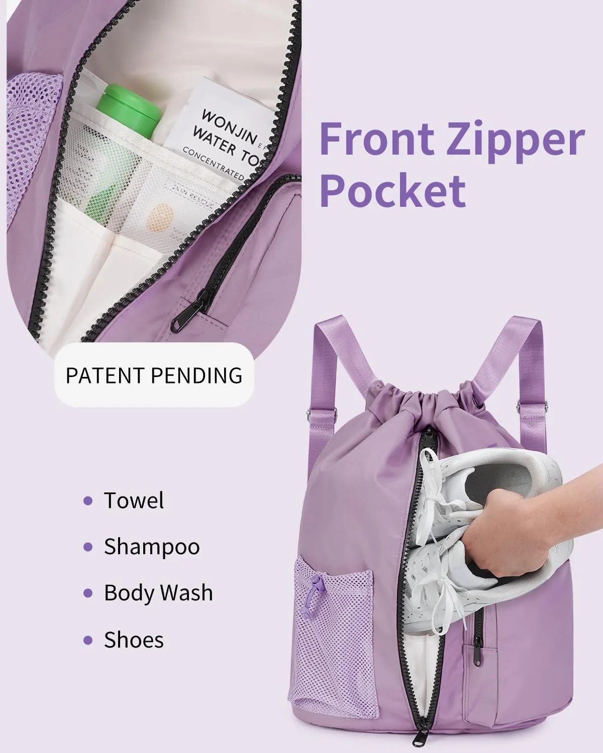 WANDF Drawstring Backpack Sports Gym Bag with Shoes Compartment, Water-Resistant String Beach Sackpack Swim Bag for Women and Men (Lilac Purple)