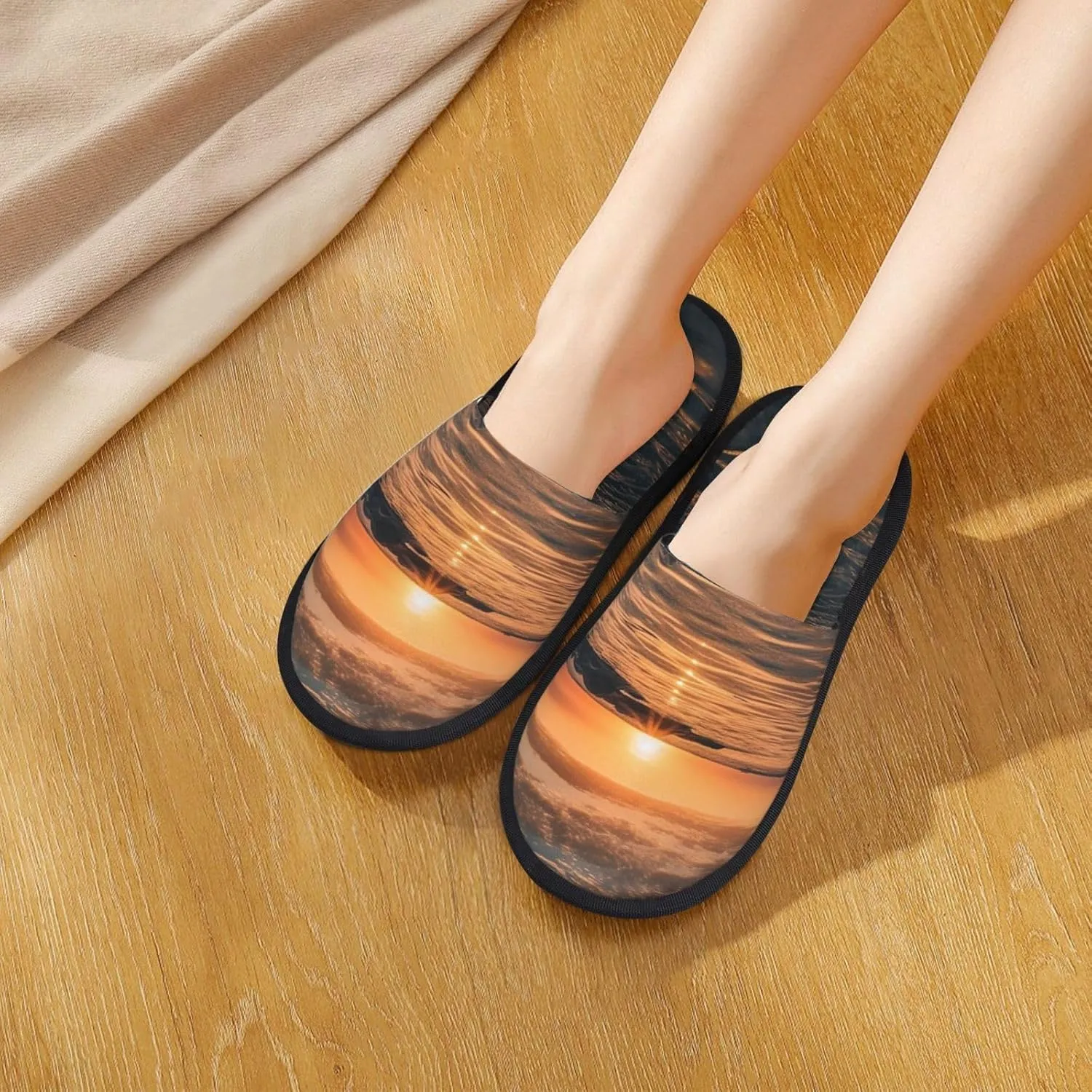 Water surface in the sunset Furry House Slippers for Women Men Soft Fuzzy Slippers Indoor Casual Plush House Shoes