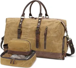 Waxed Canvas Duffel Bag for Travel: Leather Weekender Bag Vintage Overnight Duffle Bag with Shoe Compartment & 2 Packing Cubes, Waterproof Camping Gym Sports Bags for Mens (Khaki)