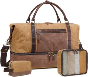 Waxed Canvas Duffle Bag for Travel: Vintage Weekender Overnight Bag Waterproof Duffel Bag with Shoe Compartment & 2 Packing Cubes, Heavy Duty Camping Flight Bags for Mens (Khaki)