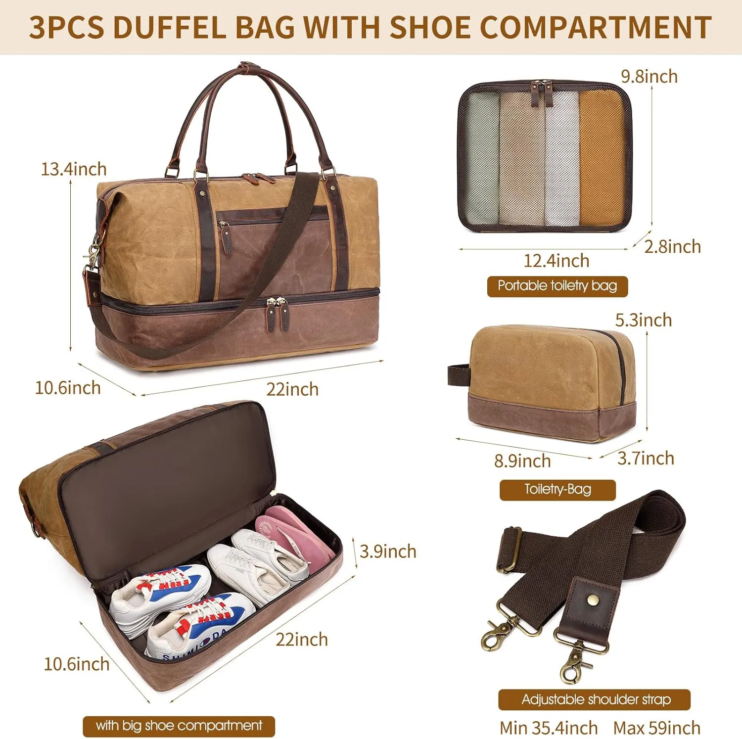 Waxed Canvas Duffle Bag for Travel: Vintage Weekender Overnight Bag Waterproof Duffel Bag with Shoe Compartment & 2 Packing Cubes, Heavy Duty Camping Flight Bags for Mens (Khaki)