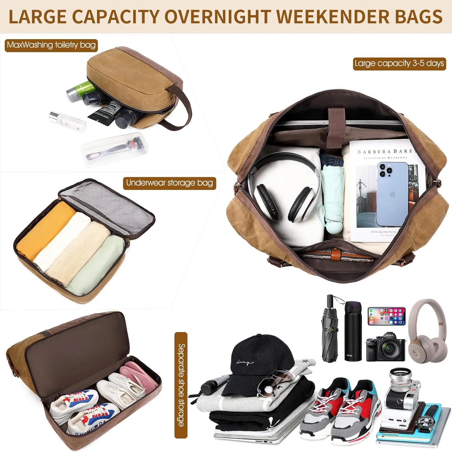 Waxed Canvas Duffle Bag for Travel: Vintage Weekender Overnight Bag Waterproof Duffel Bag with Shoe Compartment & 2 Packing Cubes, Heavy Duty Camping Flight Bags for Mens (Khaki)