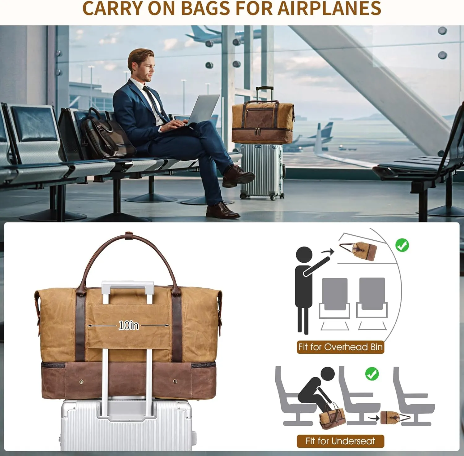 Waxed Canvas Duffle Bag for Travel: Vintage Weekender Overnight Bag Waterproof Duffel Bag with Shoe Compartment & 2 Packing Cubes, Heavy Duty Camping Flight Bags for Mens (Khaki)