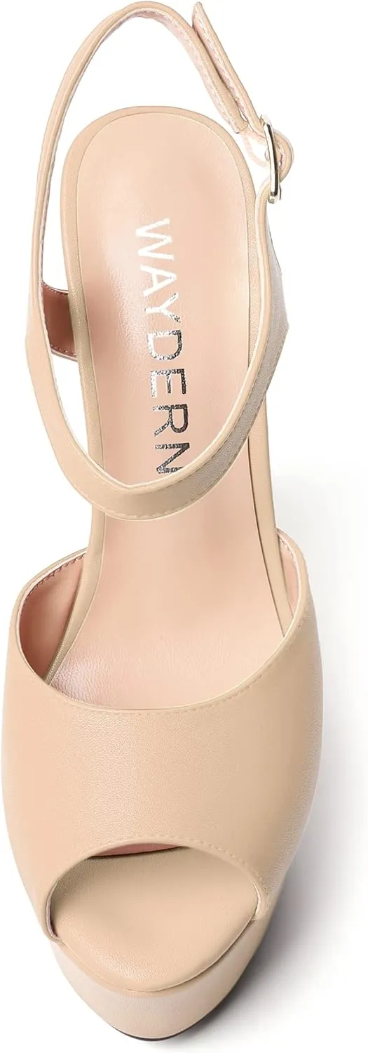 WAYDERNS Womens Solid Slingback Ankle Strap Matte Fashion Buckle Evening Peep Toe Platform Wedge High Heel Pumps Shoes 6 Inch